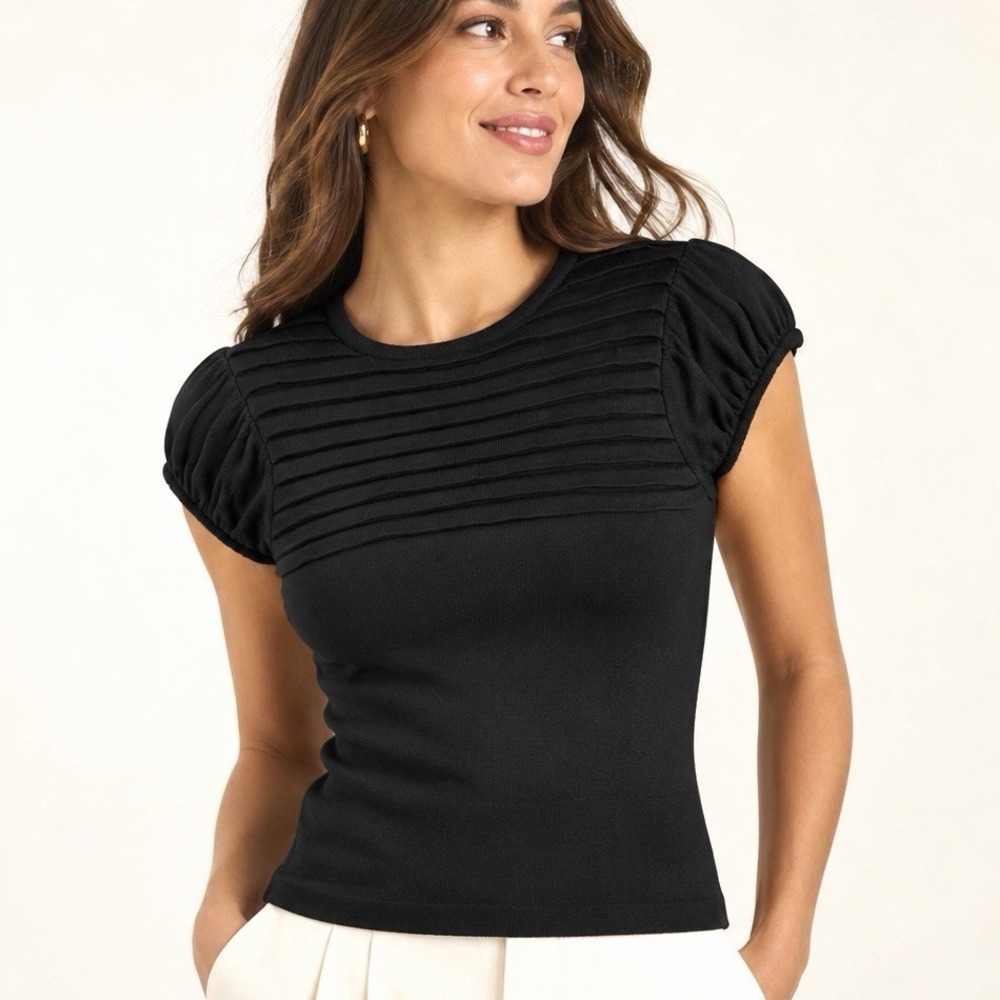 Design History Sweater Top M Black Ribbed Pleated Puff Sleeve Short Sleeve NWT